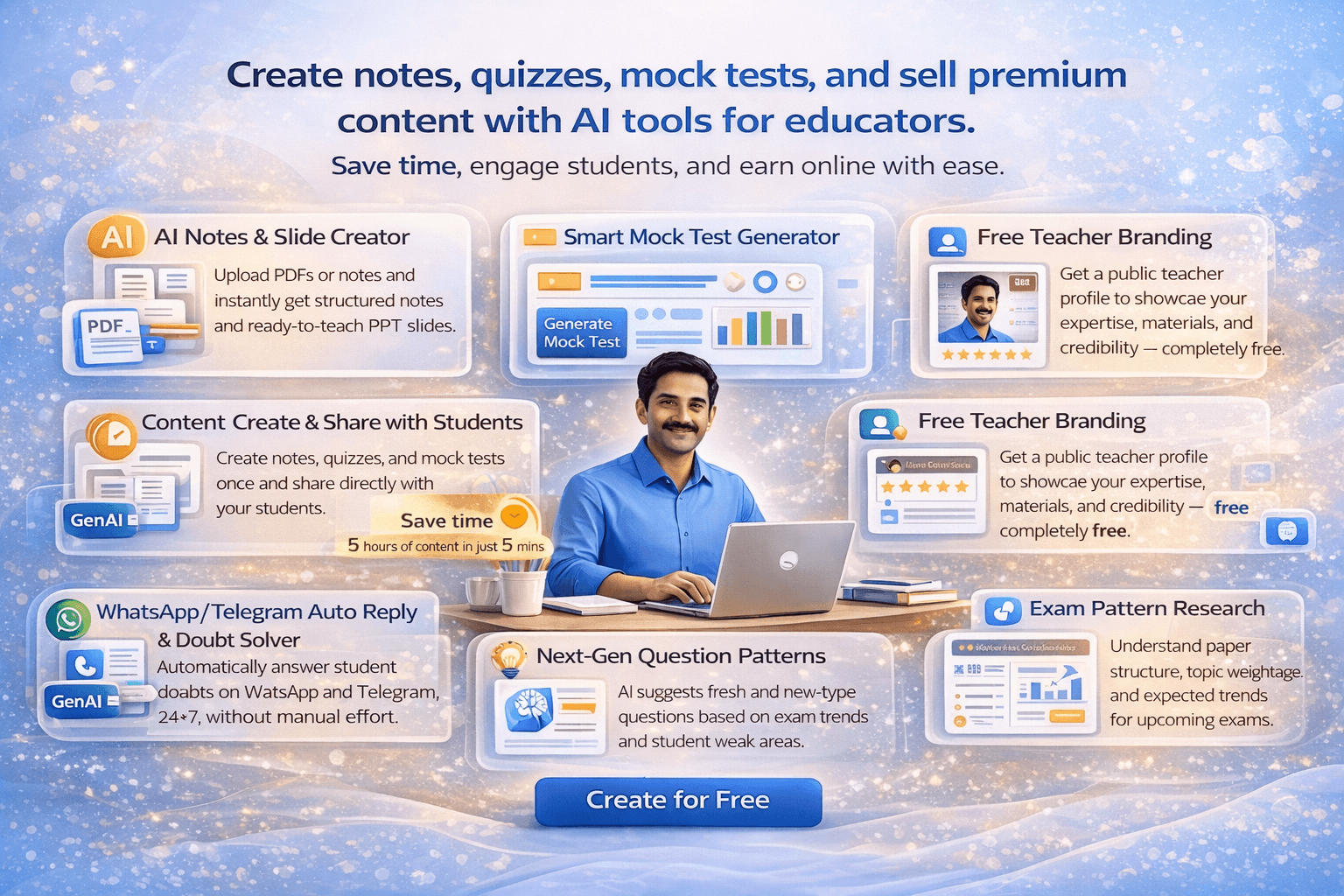 Meritranker educator dashboard showing AI notes creator, mock test generator, and student analytics for online teaching